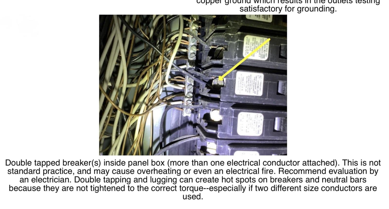 Double-tapped breaker (two conductors under one terminal, non-compliant unless listed)